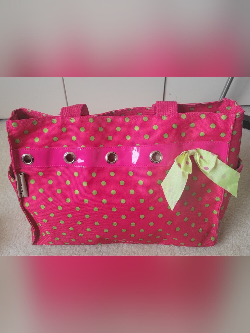 Pink Polka Dot Tote Bag with Lime Bow